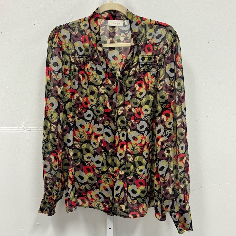 Hinge 100% Silk Women's Abstract Floral‎ Lightweight Neck Tie Blouse Top Medium